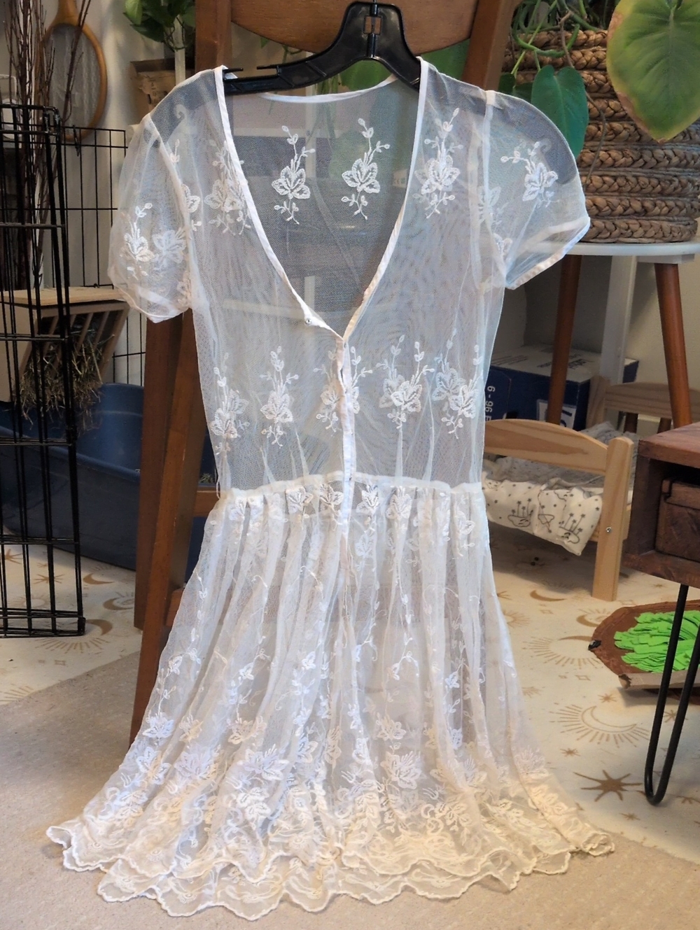Sheer White Floral Embroidered Button-Front Dress